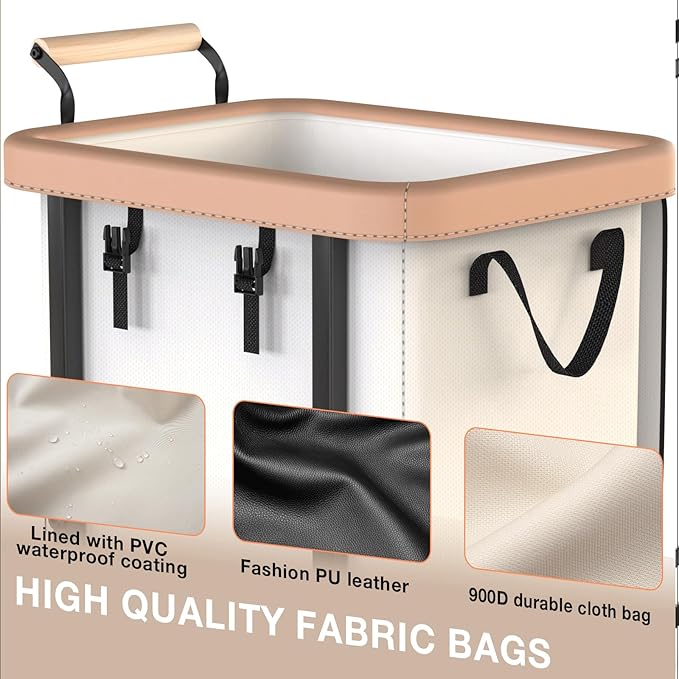 40 Gal (150L) Laundry Hamper with Lid, Leather Patchwork Laundry Basket with Rolling Lockable Wheels and Handle, Laundry Basket Organizer for Laundry Room, Bedroom and Bathroom,Laundry Room - White