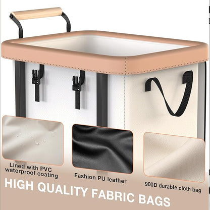 40 Gal (150L) Laundry Hamper with Lid, Leather Patchwork Laundry Basket with Rolling Lockable Wheels and Handle, Laundry Basket Organizer for Laundry Room, Bedroom and Bathroom,Laundry Room - White
