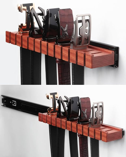 Premium Walnut Wood Belt Organizer with Sliding System - 12-Belt Heavy-Duty Belt Holder, Wall-Mounted Belt Hanger for Closet, Space Saving Storage & Elegant Father’s Day Gift