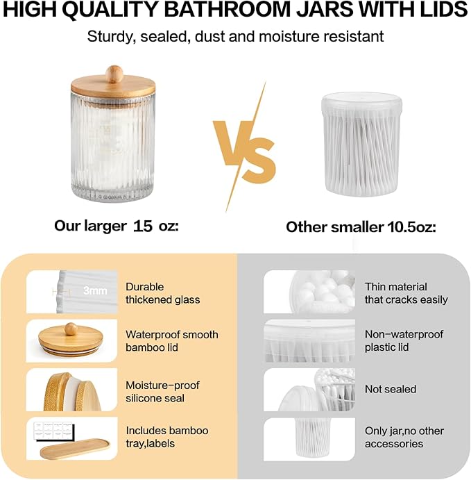 3 Pack Qtip Holder Bathroom Set,Cotton Pad Ball Swab Holder Cotton Round Floss Pick Dispenser with Tray,Glass Apothecary Jars with Lids,Bathroom Organizers and Storage Canisters