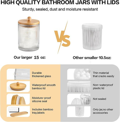 3 Pack Qtip Holder Bathroom Set,Cotton Pad Ball Swab Holder Cotton Round Floss Pick Dispenser with Tray,Glass Apothecary Jars with Lids,Bathroom Organizers and Storage Canisters