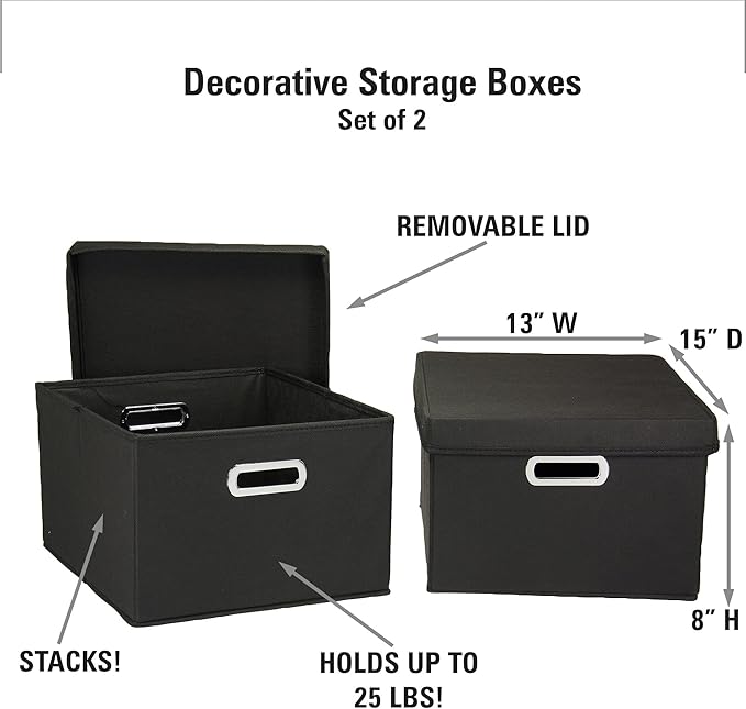 Household Essentials Fabric Storage Boxes with Lids and Handles, Black
