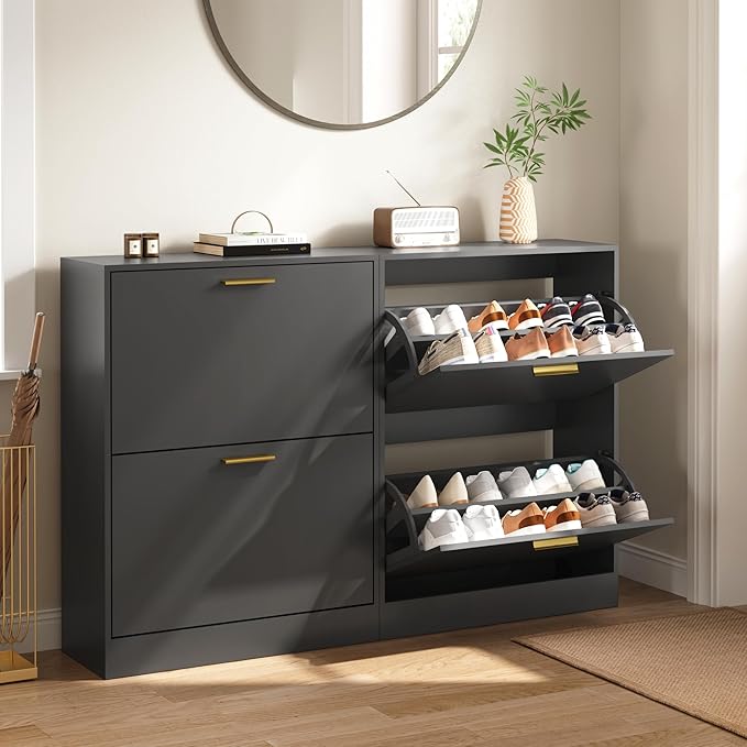 Shoe Cabinet Storage for Entryway, White Shoe Organizer with 2 Flip Drawers & Open Shelf, Freestanding Hidden Large Shoe Storage Cabinet (1pc-Black, 2 Flip Drawers)