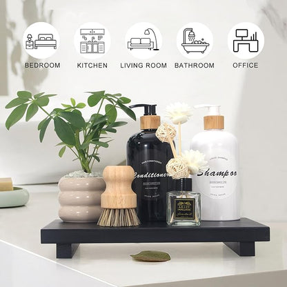 Black Bathroom Counter Tray Organizer Wood Risers Stand Kitchen Sink Trays Dish Soap Dispenser Holder for Countertop Modern Wooden Pedestal Display Farmhouse Bathroom Decor Accessories Vanity Tray