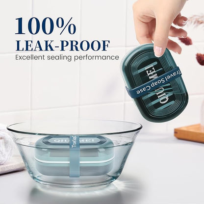 Leakproof Travel Soap Case with Lid | Draining Soap Bar Holder & Dish with Silicone Strap | Includes Mesh Soap Bag | for Shower, Bathroom, Camping, Gym (Blue)
