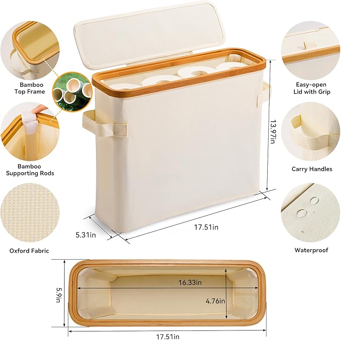 Toilet Paper Storage Basket with Lid, Bamboo Toilet Paper Storage Holder Stand Organizer for Bathroom, Toilet Paper Storage Box Container with Handle Bin for RV Closet, Beige