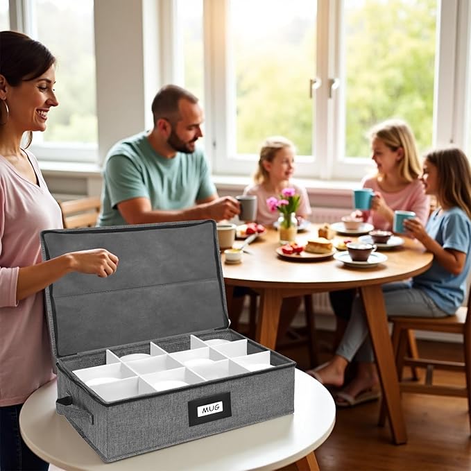 HURZMORO Mug Storage Box with 12 Compartments, Gray Hard Shell Container, Padded Dividers, Dual Handles, Zipper Lid for Coffee Cup Organization and Moving(2, Coffee Cup Storage Box)
