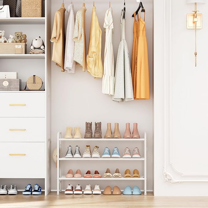 VILICK 3 Tier Shoe Rack 33" Wide Metal Shoe Organizer Long Shoe Storage with 4 Side Hooks Sturdy Shoes Shelf for Front Door Entrance, Closet, Garage, Dorm, White