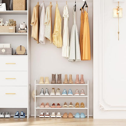VILICK 3 Tier Shoe Rack 33" Wide Metal Shoe Organizer Long Shoe Storage with 4 Side Hooks Sturdy Shoes Shelf for Front Door Entrance, Closet, Garage, Dorm, White