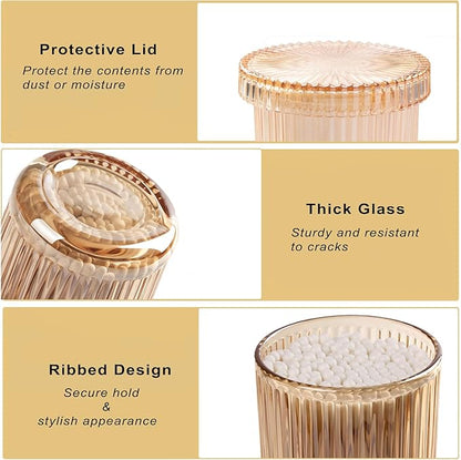 2 Pack Glass Qtip Holder Dispenser Set - Bathroom Organizer for Cotton Swabs, Balls, Pads, Floss Picks - Clear Apothecary Jars for Vanity, Makeup Storage, Bathroom Accessories Decor (Amber)