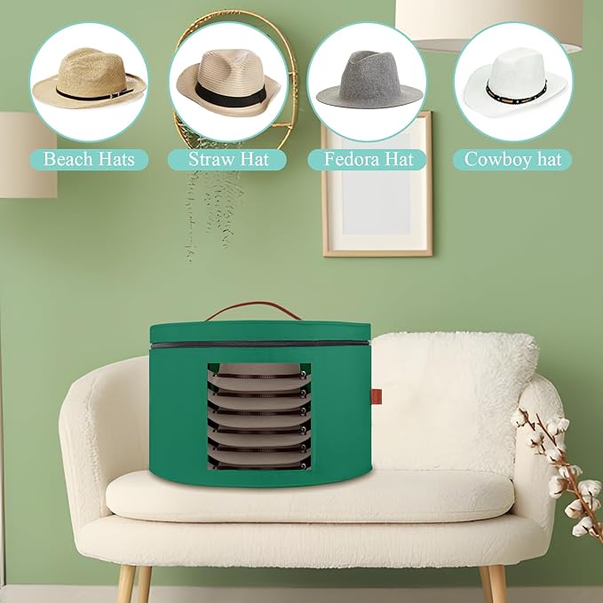 Samplife Hat Box,Hat Storage Box,Stackable Round Brim Hats Organizer Bag Container for Closet,Travel Hat Boxes for Women, Cowboy Hat Organizer, FoldableTravel Cap Boxes (08-Green, 16.5" D x 10.5" H)