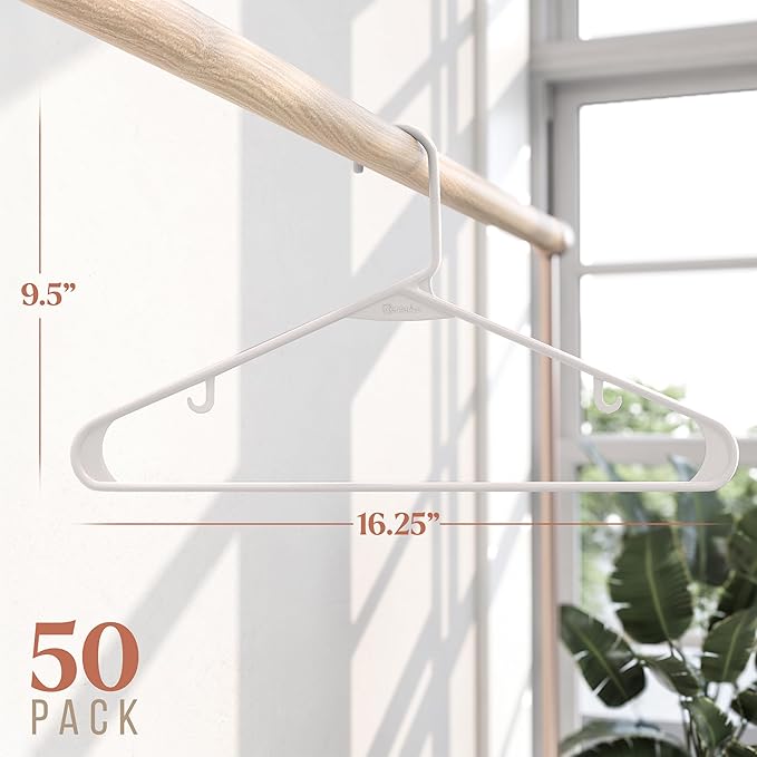 Plastic Hangers 50 Pack White - Clothes Hangers - Makes The Perfect Coat Hanger and General Space Saving Hangers for Closet and New Apartment Essentials - Percheros Ganchos para Colgar Ropa Hangars