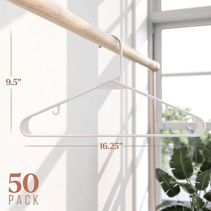 Plastic Hangers 50 Pack White - Clothes Hangers - Makes The Perfect Coat Hanger and General Space Saving Hangers for Closet and New Apartment Essentials - Percheros Ganchos para Colgar Ropa Hangars