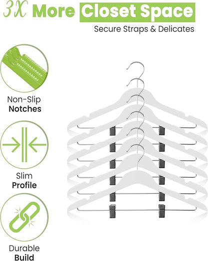 All Hung Up Hangers Slim Plastic Clothes Hangers with Clips, Space-Saving Design with Non-Slip Grip, Durable for Everyday Use, White, 6pcs