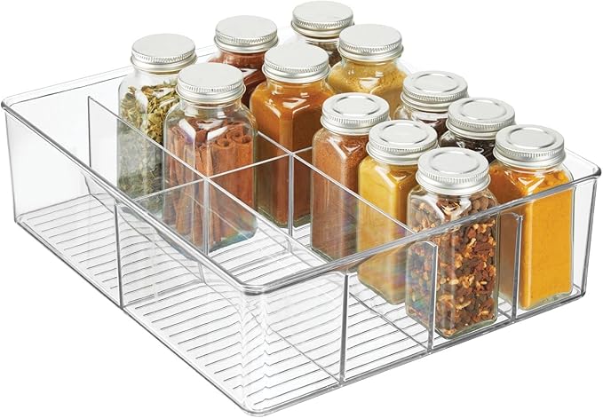 mDesign Plastic Extra Wide Storage Organizer Bin Box for Kitchen, Pantry, Cabinet, Countertop - Tea Bag, Sugar Packet, Coffee Snack, Condiment Holder, 8 Sections - Ligne Collection - Clear