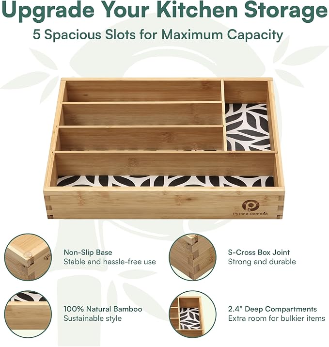 Pristine Bamboo Kitchen Drawer Organizer - Silverware & Utensil Organizer, 5-Slot, Geometric Print
