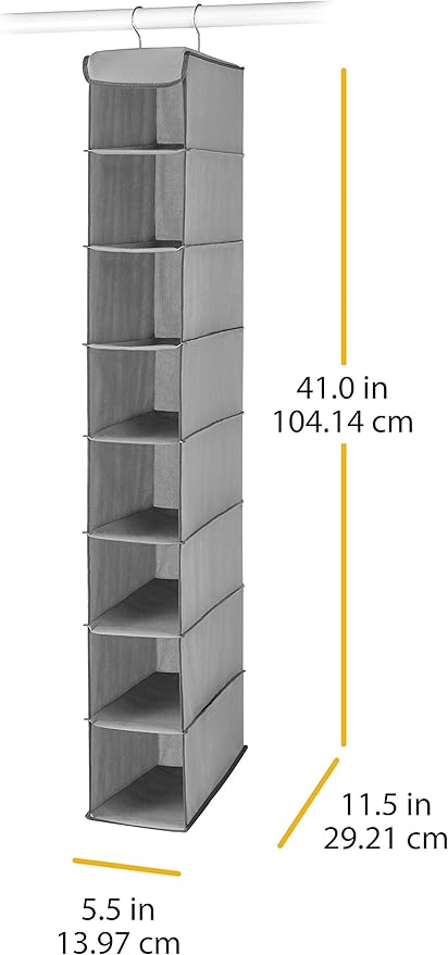 Whitmor Hanging Shoe Organizer, 8 Shelves-Hanging Closet Organizer, Hanging Shoe Rack for Small Closet, Hanging Shelves for Storage Shoes Clothes 11.5" D x 5.5" W x 41" H, Grey