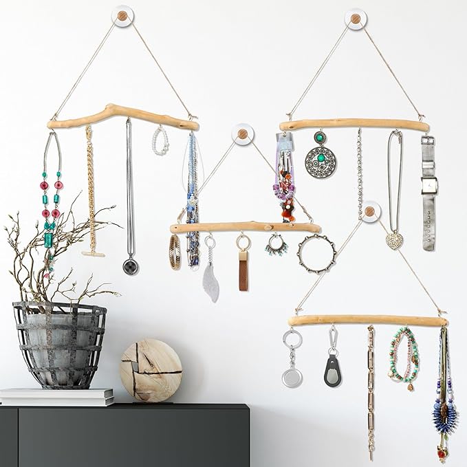 Chunful 4 Pcs 15 Inch Driftwood Wall Hanging Jewelry Hanger Rustic Wood Logs Hanging Branch Decor with 5 Hooks Natural Driftwood Decorative Branches Farmhouse Wooden Hook Mounted