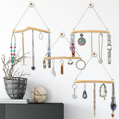 Chunful 4 Pcs 15 Inch Driftwood Wall Hanging Jewelry Hanger Rustic Wood Logs Hanging Branch Decor with 5 Hooks Natural Driftwood Decorative Branches Farmhouse Wooden Hook Mounted