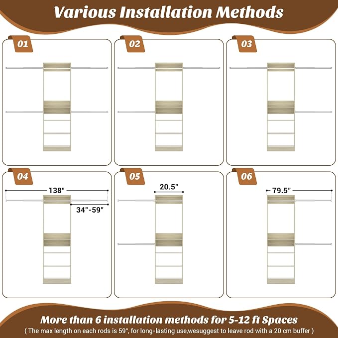 12FT Large Open Closet System, 138'' Wall-Mounted Closet Shelving with 5 Hanging Rods and 6 Shelves, Customizable Wardrobe for Walk-In Closets, Fits 5–12FT Spaces,White Oak
