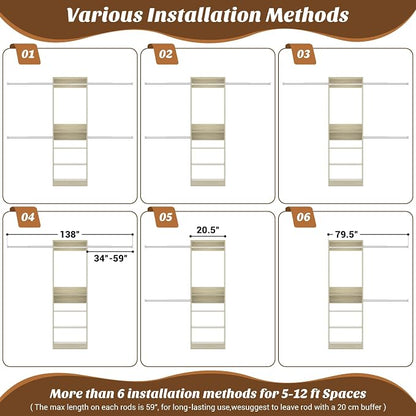 12FT Large Open Closet System, 138'' Wall-Mounted Closet Shelving with 5 Hanging Rods and 6 Shelves, Customizable Wardrobe for Walk-In Closets, Fits 5–12FT Spaces,White Oak