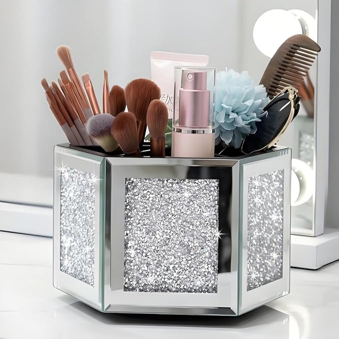 Rotatable Multifunctional Jewelry Utensil Holder Hexagon Jewelry Make up Organizer Cups Crush Diamond Mirror Decor, brush/office pen cup holder Eyeliners Display Case for Vanity