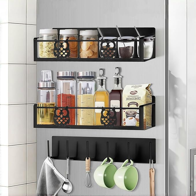 Magnetic Spice Rack for Refrigerator,Spice Organizer for Kitchen,Seasoning Organizer Rack,Magnetic Shelf with Hooks,Strong Magnet,Moveable,No Drilling(3 Pack,Black,Owl)