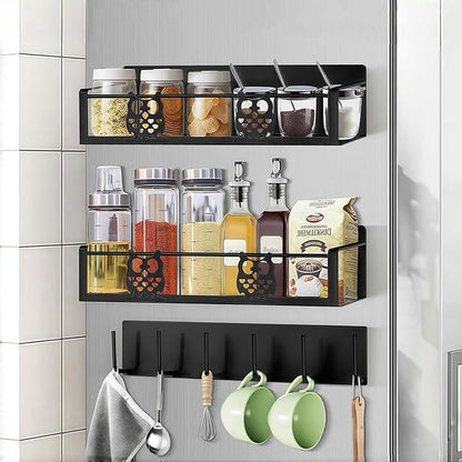 Magnetic Spice Rack for Refrigerator,Spice Organizer for Kitchen,Seasoning Organizer Rack,Magnetic Shelf with Hooks,Strong Magnet,Moveable,No Drilling(3 Pack,Black,Owl)