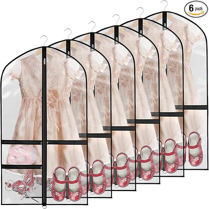 Clear Garment Bags for Dance Costumes, 40” Dance Garment Bags for Dancers, Kids Garment Bag for Dance Competitions with 3 Zipper Pockets, Garment Bags for Hanging Clothes, 6 Pack, Black