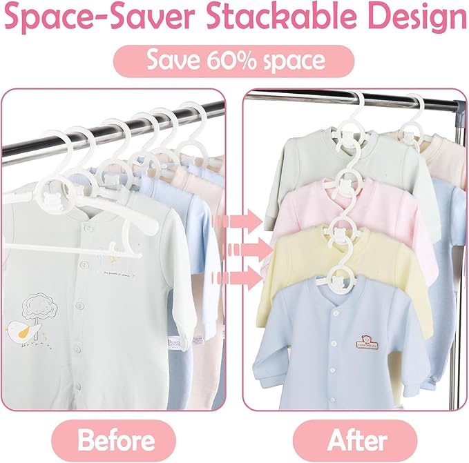 HGYZE Baby Hangers for Closet 20pcs, White Kids Clothes Hanger Plastic, 11-14" Adjustable Bulk Perchas for Newborn, Non-Slip Children Outfit Bear Hanger for Girl Boy Toddler Infant Nursery Clothing