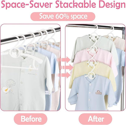 HGYZE Baby Hangers for Closet 20pcs, White Kids Clothes Hanger Plastic, 11-14" Adjustable Bulk Perchas for Newborn, Non-Slip Children Outfit Bear Hanger for Girl Boy Toddler Infant Nursery Clothing