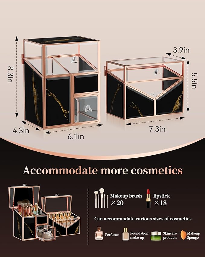 CoralHouse black makeup organizer – Vanity Holder with 18-Slot Lipstick Organizer & Covered Makeup Brush Holder – Skincare, Perfume & Cosmetic Display for Bathroom or Dresser