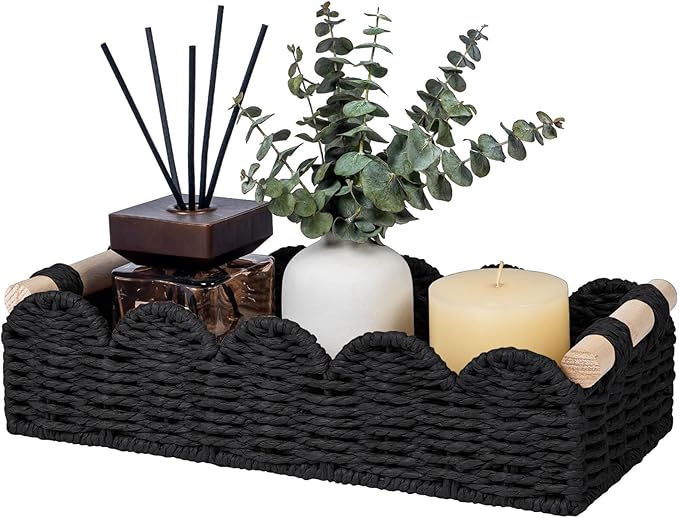CubesLand Toilet Paper Storage Basket Organizer, Small Wicker Toilet Tank Top Decorative Baskets for Countertop, Handwoven Scalloped Basket w/handle for Home Decor, Living Room, Bedroom, Black