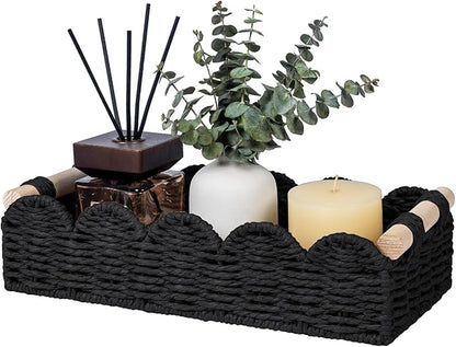 CubesLand Toilet Paper Storage Basket Organizer, Small Wicker Toilet Tank Top Decorative Baskets for Countertop, Handwoven Scalloped Basket w/handle for Home Decor, Living Room, Bedroom, Black