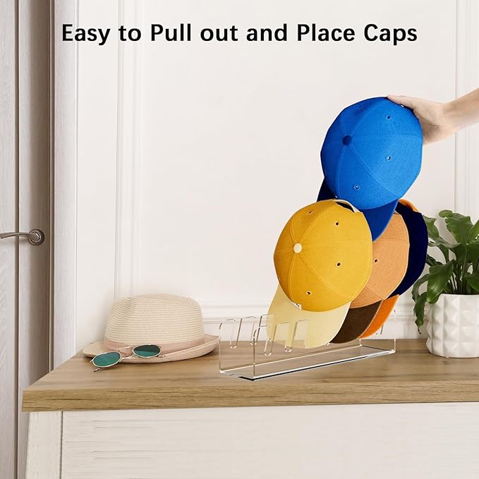 Kssvzz 4 Pack Hat Storage Organizer for Baseball Caps - Acrylic Hat Display Rack for 28 Ball Caps, No Install Hats Stand Shelf for Trucker and Golf Cap, Hats Holder for Closet, Bedroom (Clear)