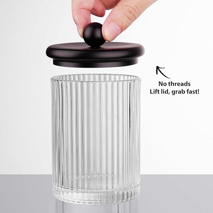 3Pack Glass Qtip Holder Dispenser Set - Bathroom Canister Storage Organizer for Cotton Balls, Swabs, Floss Picks, and Makeup Sponges with Matte Black Metal Lid - Clear Vanity Apothecary Jars