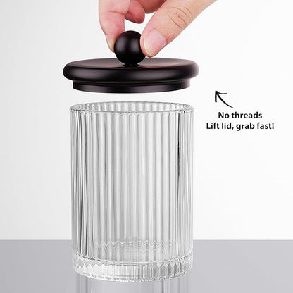 3Pack Glass Qtip Holder Dispenser Set - Bathroom Canister Storage Organizer for Cotton Balls, Swabs, Floss Picks, and Makeup Sponges with Matte Black Metal Lid - Clear Vanity Apothecary Jars