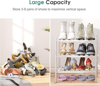 viewcare Small Shoe Rack for Entryway, White Shoe Organizer for Closet, Bamboo Wood Standing Shoe Shelf for Indoor Outdoor (White, 3-Tier_Samll)