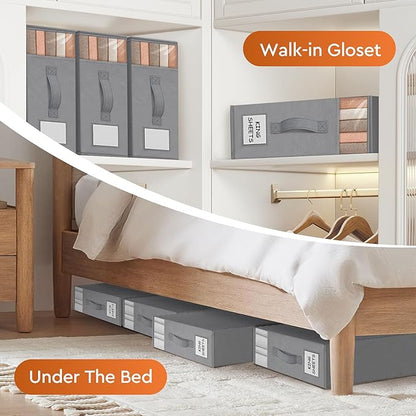 StorageTastic 8 Pack Bed Sheet Closet Organizers and Storage,Sturdy Foldable Storage Containers with Window and Label,Storage and Organization for Bedding Sheets,Duvet Covers,Blankets (Grey)