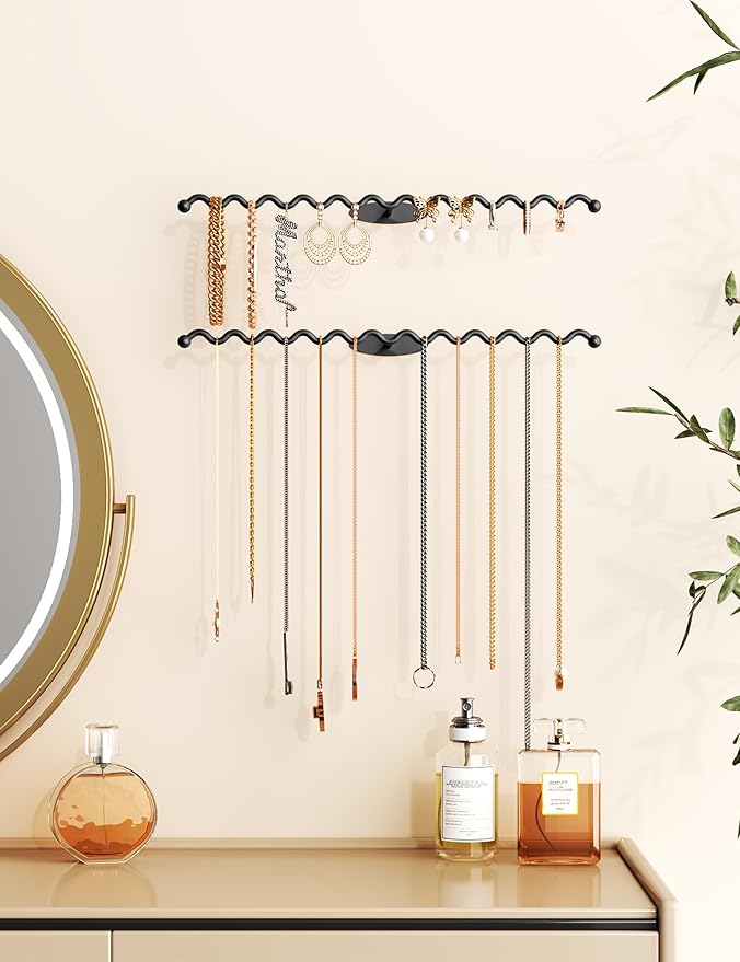 NiHome Wall Mounted Metal Jewelry Organizer Racks for Necklaces, Earrings, Bracelets, Rings, Decorative Display Wave Design Storage Holders for Bedroom, Bathroom, Kitchen, Entryway (4-Pack, Black)