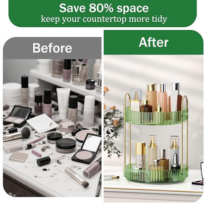 MOKANI 360 Rotating Makeup Organizer for Vanity, 2 Tier Adjustable Perfume Organizer for Dresser, Multi-Function Spinning Cosmetics Skincare Storage for Bedroom, Dresser, Countertop, Green