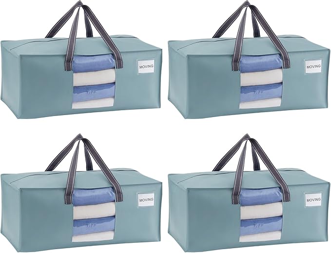 VENO 4 Pack Heavy Duty Moving Bags, Packing Bags with Clear Window, Alternative to Moving Boxes, Storage Bins for Clothes, Blankets, Comforters, College Dorm Essentials (Light Blue Matte, 4 Pack)