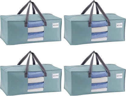 VENO 4 Pack Heavy Duty Moving Bags, Packing Bags with Clear Window, Alternative to Moving Boxes, Storage Bins for Clothes, Blankets, Comforters, College Dorm Essentials (Light Blue Matte, 4 Pack)