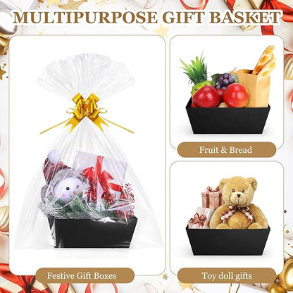 AFOROEOA 10PACK Baskets For Gifts Empty, 10 x 8” Thick Black Gift Basket with 10 Clear Gift Bags and 10 Pull Bows, Empty Gift Baskets for Christmas, Thanksgiving Wedding Birthday Party Wrapping Gift