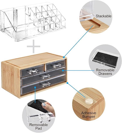 Ikee Design Bamboo Acrylic Makeup Organizer with 4 Drawers and Removable Top Lipstick Holders, Ideal for Make-up or Accessories,Enhance Your Vanity or Bathroom with Clear Design for Quick Visibility