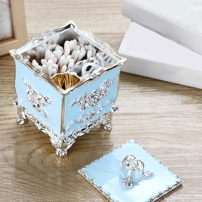 Cotton Canister Dispenser Box Cotton Swab Storage Box With Lid Makeup Table Cosmetics Containers, golden red