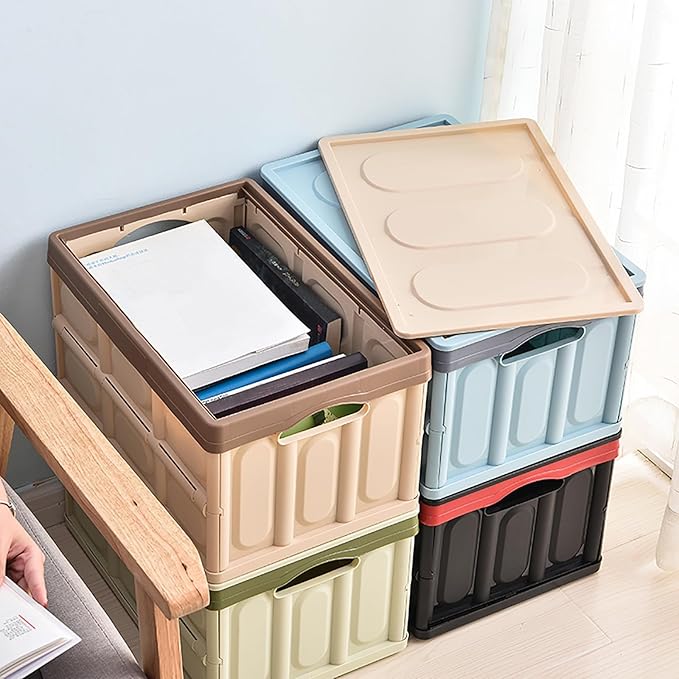 Collapsible Storage Box with lid 30L Lidded Storage Bin Crates Plastic Tote Container Stackable Folding Utility Crates Shelf Basket for Clothes Books Snack Shoe Storage Container (Khaki)