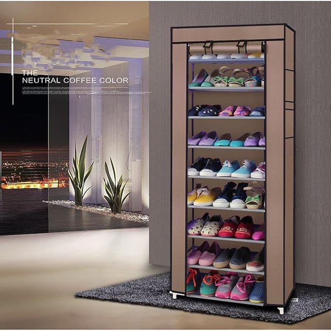 10 Tiers Shoe Rack with Dustproof Cover Shoe Storage Organizer Cabinet Shoe Shelf Tower,Non-Woven Fabric Cover (Coffee)