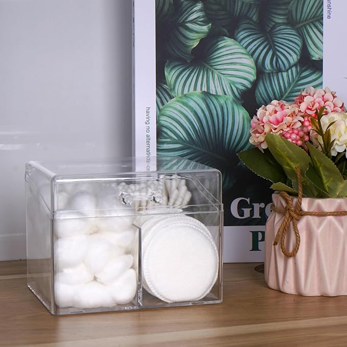 Adorila 2-Compartment Cotton Swab Holder with Easy-Open Lid Handle, Compact Clear Organizer for Bathroom Drawer & Vanity