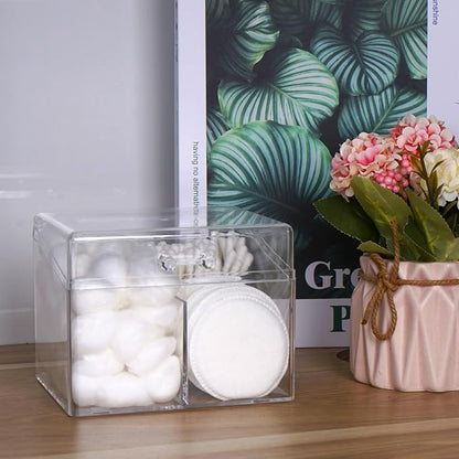 Adorila 2-Compartment Cotton Swab Holder with Easy-Open Lid Handle, Compact Clear Organizer for Bathroom Drawer & Vanity